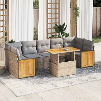 8 Piece Garden Sofa Set with Cushions Beige Poly Rattan Acacia