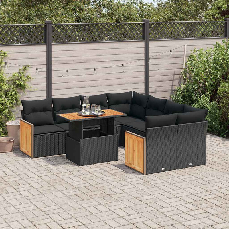 9 Piece Garden Sofa Set with Cushions Black Poly Rattan Acacia