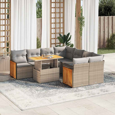 9 Piece Garden Sofa Set with Cushions Beige Poly Rattan Acacia