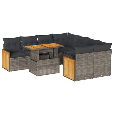 9 Piece Garden Sofa Set with Cushions Grey Poly Rattan Acacia