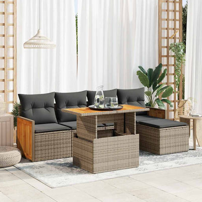 6 Piece Garden Sofa Set with Cushions Grey Poly Rattan Acacia