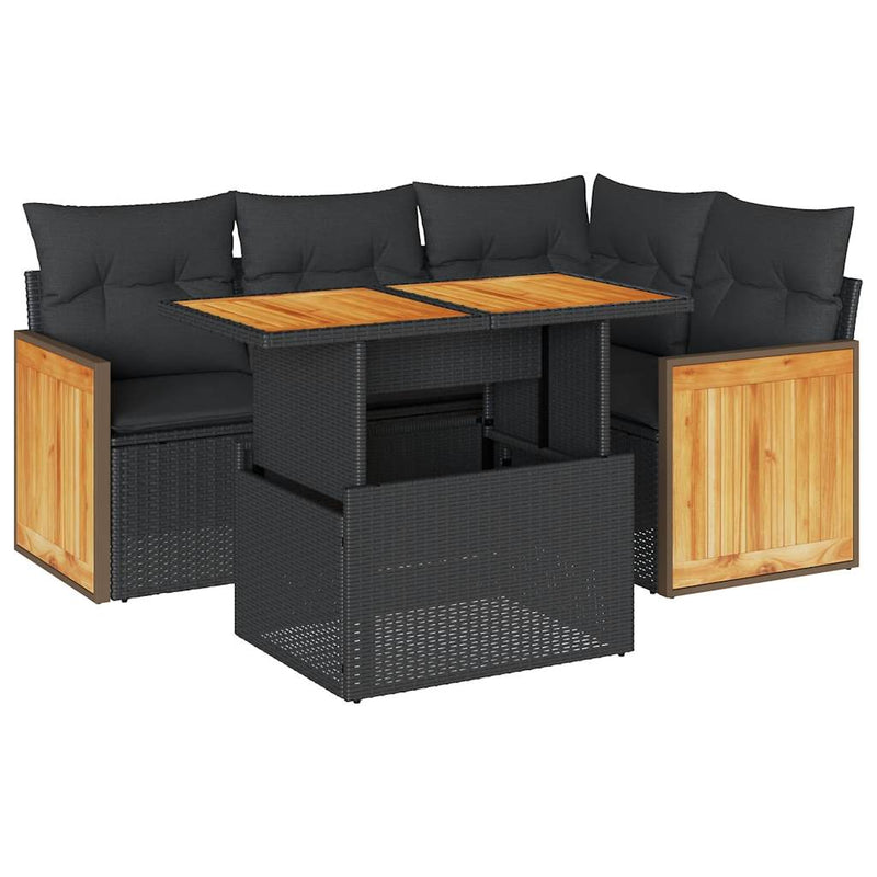 5 Piece Garden Sofa Set with Cushions Black Poly Rattan Acacia