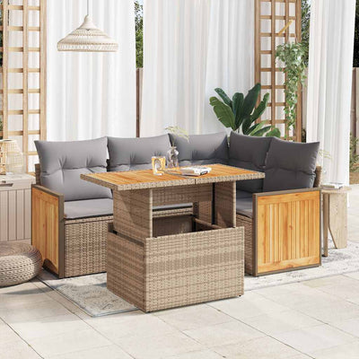 5 Piece Garden Sofa Set with Cushions Beige Poly Rattan Acacia