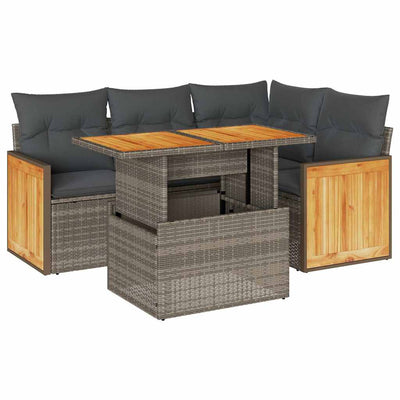 5 Piece Garden Sofa Set with Cushions Grey Poly Rattan Acacia