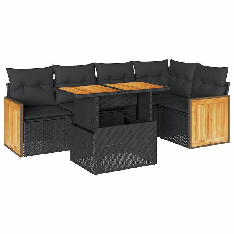 6 Piece Garden Sofa Set with Cushions Black Poly Rattan Acacia