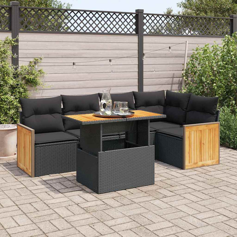 6 Piece Garden Sofa Set with Cushions Black Poly Rattan Acacia