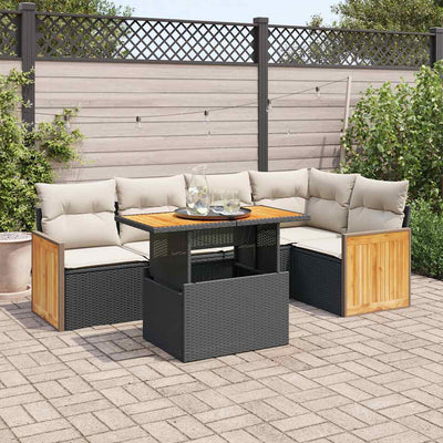 6 Piece Garden Sofa Set with Cushions Black Poly Rattan Acacia