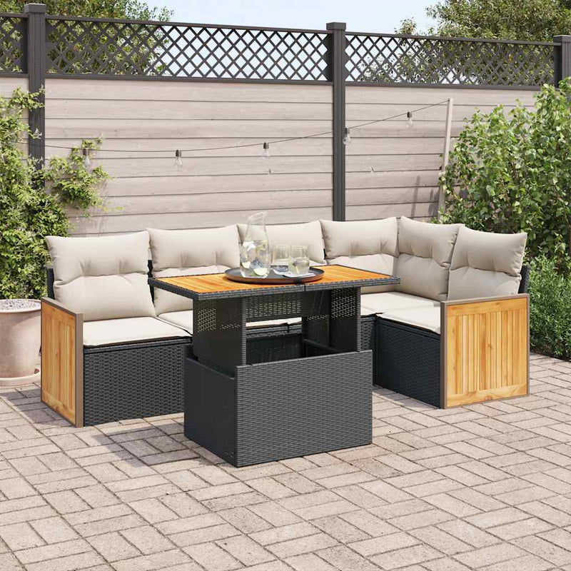 6 Piece Garden Sofa Set with Cushions Black Poly Rattan Acacia