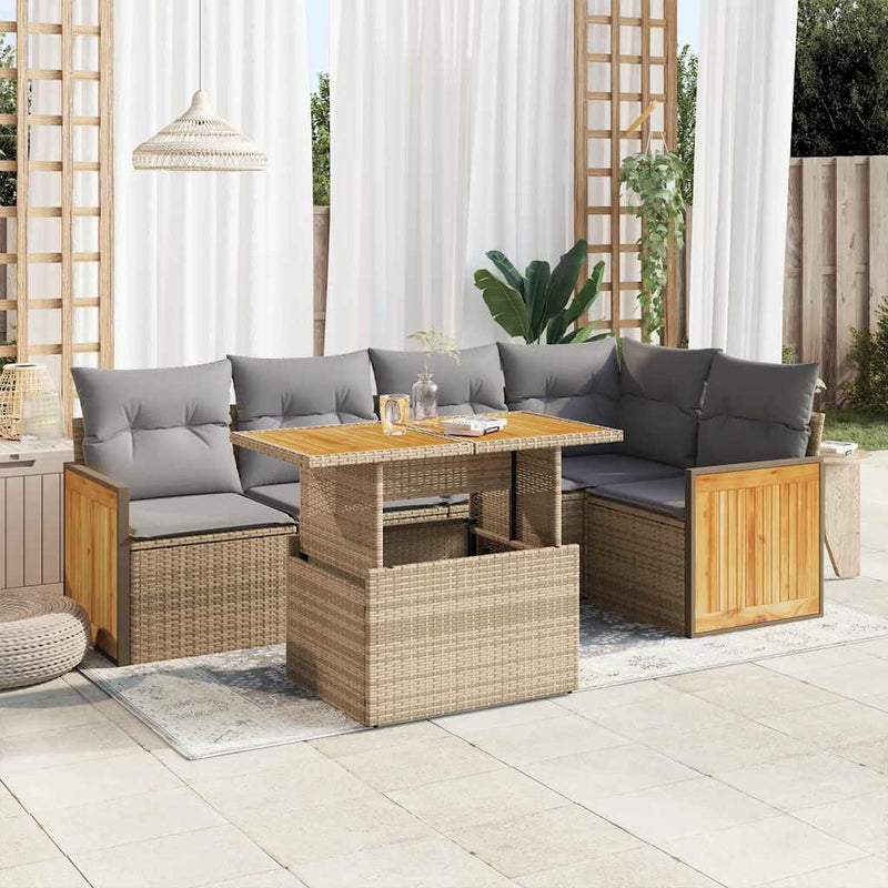 6 Piece Garden Sofa Set with Cushions Beige Poly Rattan Acacia