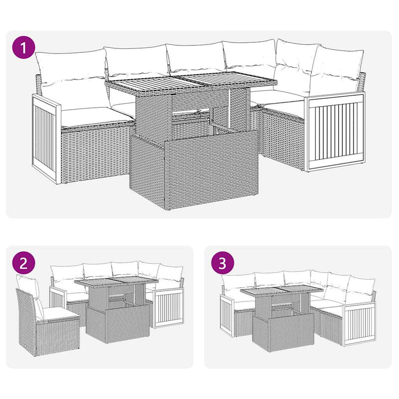 6 Piece Garden Sofa Set with Cushions Grey Poly Rattan Acacia