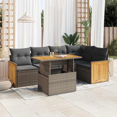 6 Piece Garden Sofa Set with Cushions Grey Poly Rattan Acacia