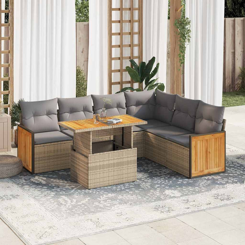 7 Piece Garden Sofa Set with Cushions Beige Poly Rattan Acacia