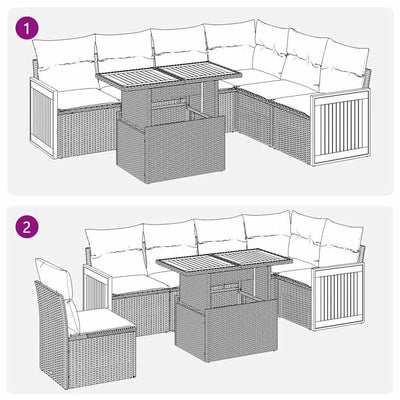 7 Piece Garden Sofa Set with Cushions Grey Poly Rattan Acacia