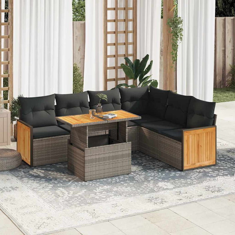 7 Piece Garden Sofa Set with Cushions Grey Poly Rattan Acacia