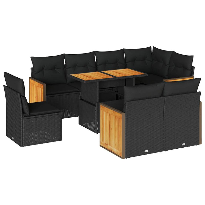 9 Piece Garden Sofa Set with Cushions Black Poly Rattan Acacia