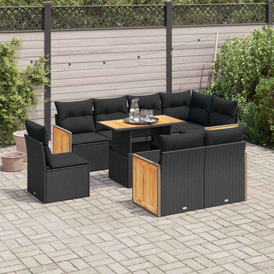 9 Piece Garden Sofa Set with Cushions Black Poly Rattan Acacia