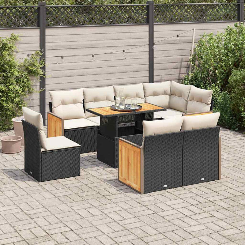 9 Piece Garden Sofa Set with Cushions Black Poly Rattan Acacia