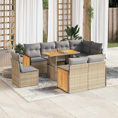 9 Piece Garden Sofa Set with Cushions Beige Poly Rattan Acacia