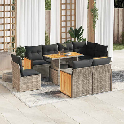 9 Piece Garden Sofa Set with Cushions Grey Poly Rattan Acacia