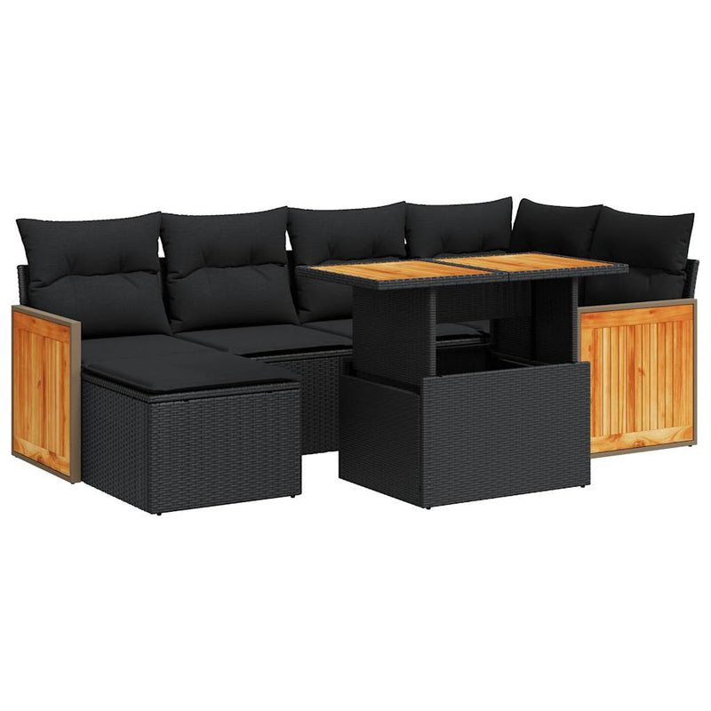 8 Piece Garden Sofa Set with Cushions Black Poly Rattan Acacia