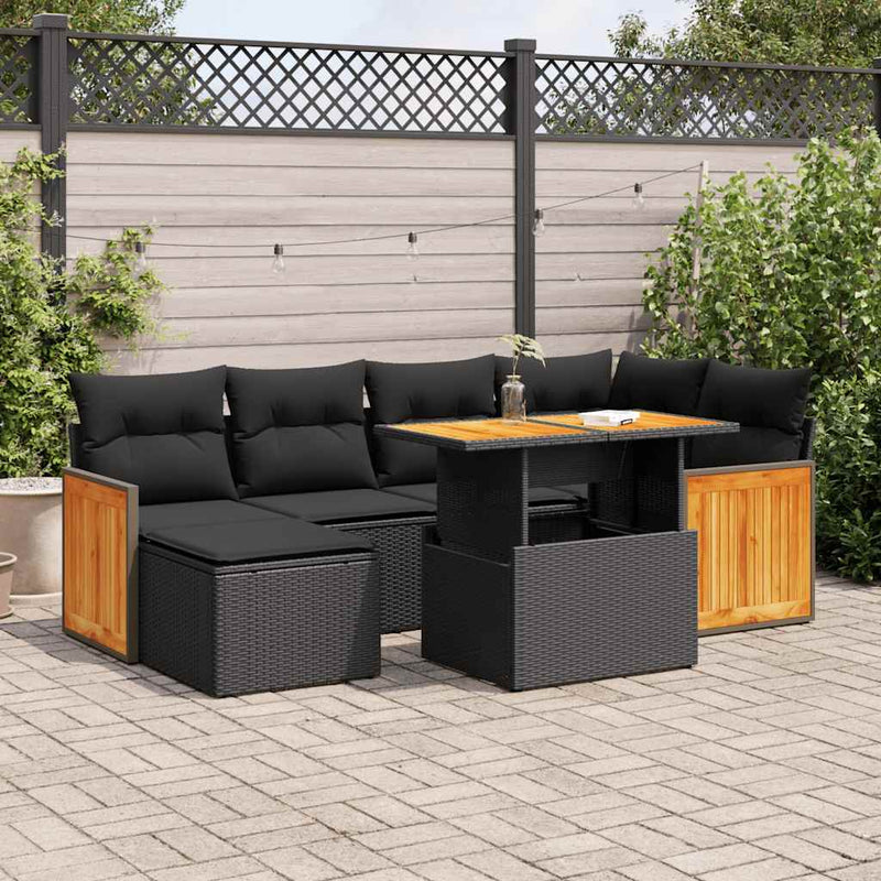 8 Piece Garden Sofa Set with Cushions Black Poly Rattan Acacia