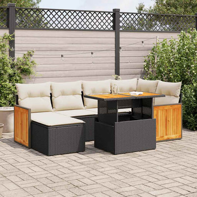 7 Piece Garden Sofa Set with Cushions Black Poly Rattan Acacia