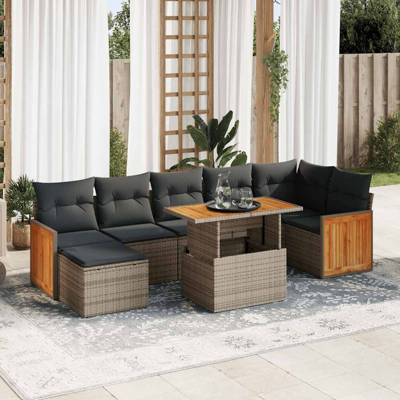 7 Piece Garden Sofa Set with Cushions Grey Poly Rattan Acacia