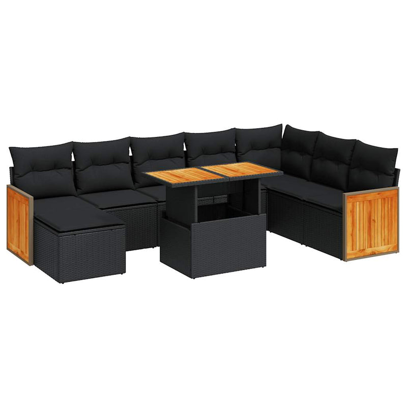 7 Piece Garden Sofa Set with Cushions Black Poly Rattan Acacia