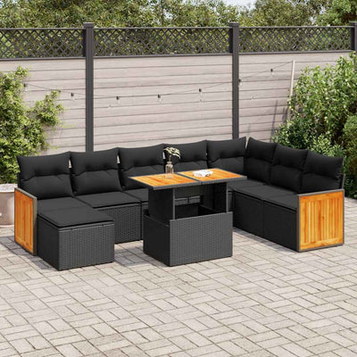 7 Piece Garden Sofa Set with Cushions Black Poly Rattan Acacia