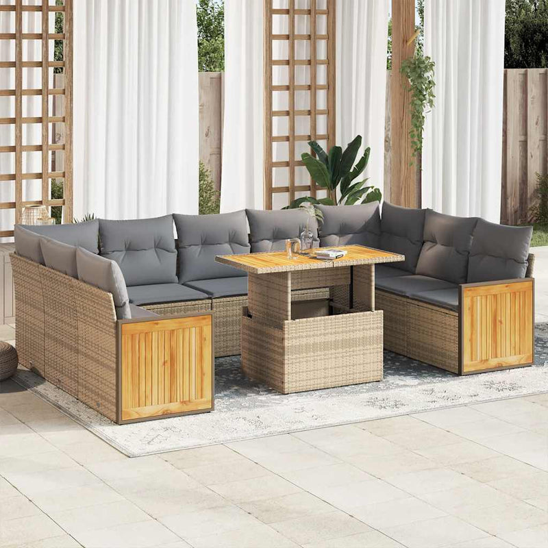 10 Piece Garden Sofa Set with Cushions Beige Poly Rattan Acacia