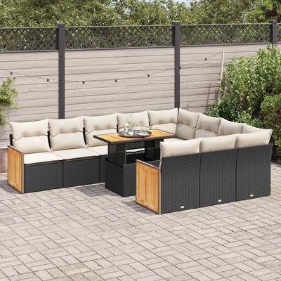 11 Piece Garden Sofa Set with Cushions Black Poly Rattan Acacia