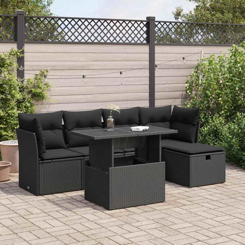 6 Piece Garden Sofa Set with Cushions Black Poly Rattan