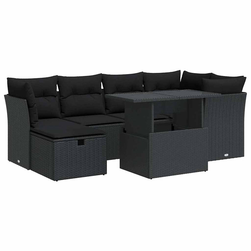 7 Piece Garden Sofa Set with Cushions Black Poly Rattan