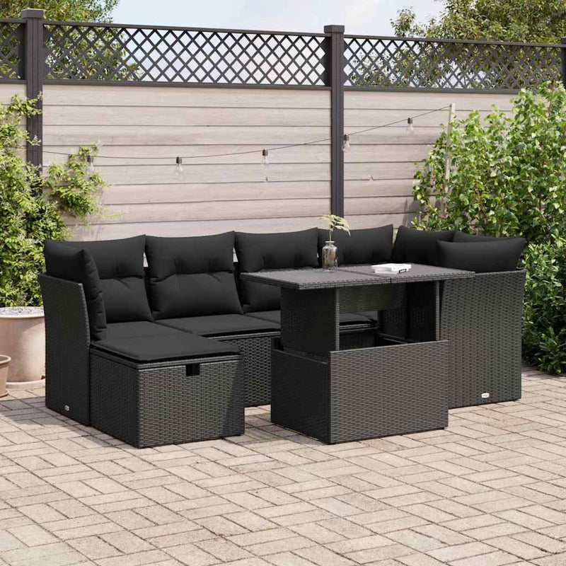 7 Piece Garden Sofa Set with Cushions Black Poly Rattan