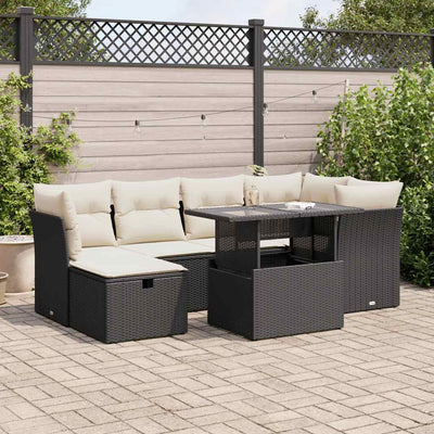 7 Piece Garden Sofa Set with Cushions Black Poly Rattan