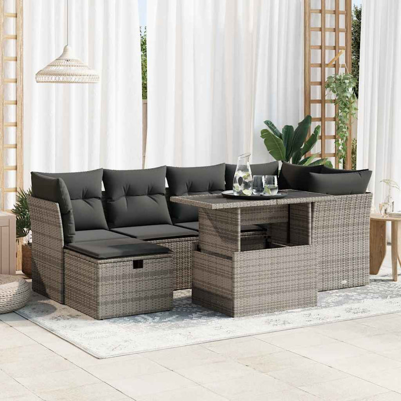 7 Piece Garden Sofa Set with Cushions Grey Poly Rattan