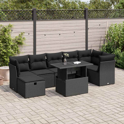 8 Piece Garden Sofa Set with Cushions Black Poly Rattan