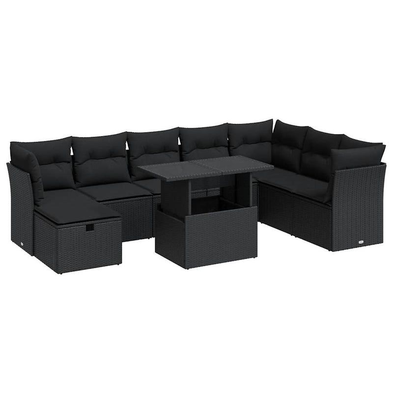 9 Piece Garden Sofa Set with Cushions Black Poly Rattan