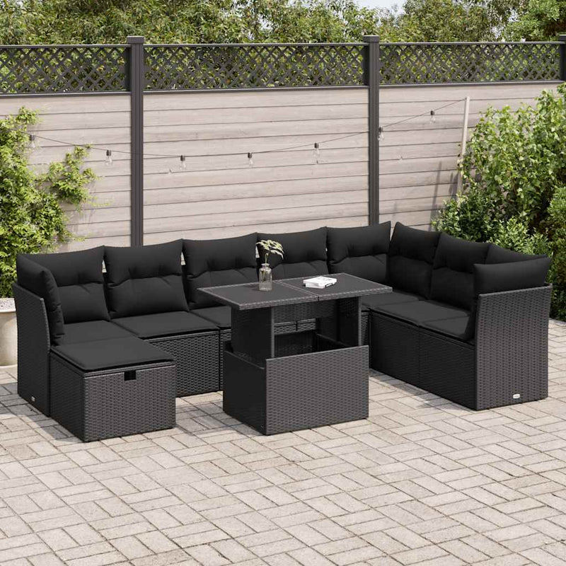 9 Piece Garden Sofa Set with Cushions Black Poly Rattan