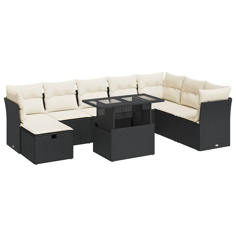 9 Piece Garden Sofa Set with Cushions Black Poly Rattan