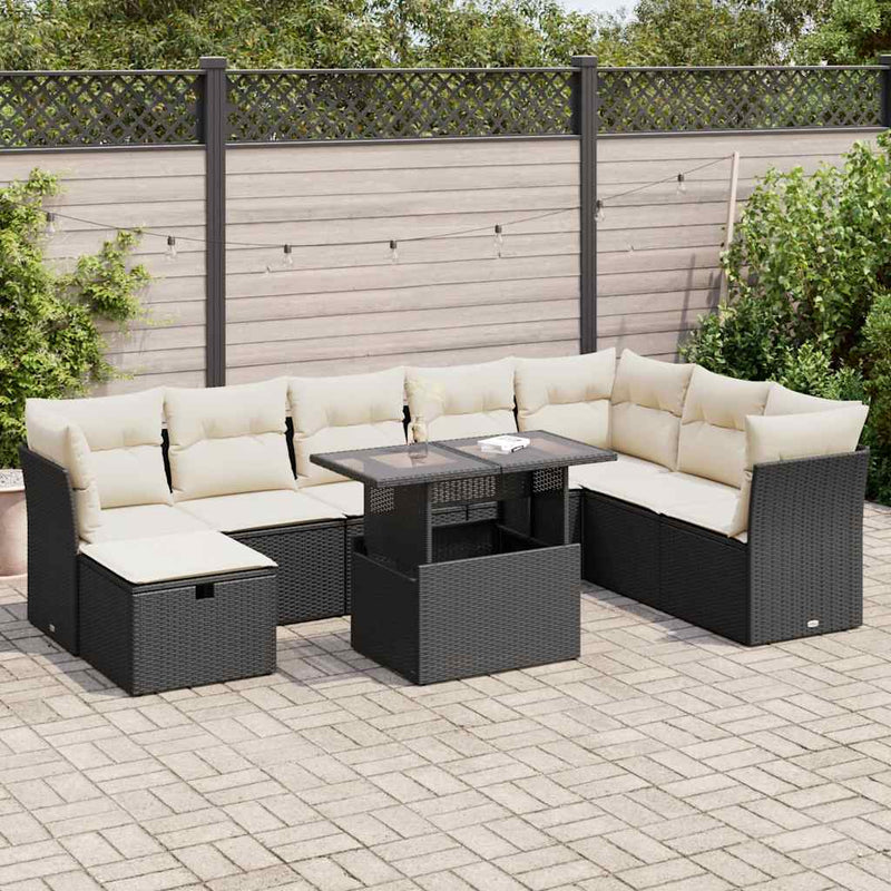 9 Piece Garden Sofa Set with Cushions Black Poly Rattan