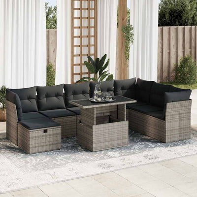 9 Piece Garden Sofa Set with Cushions Grey Poly Rattan