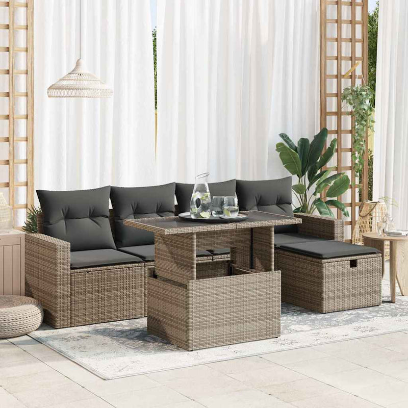 6 Piece Garden Sofa Set with Cushions Grey Poly Rattan