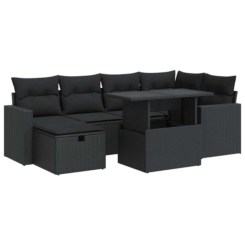 7 Piece Garden Sofa Set with Cushions Black Poly Rattan