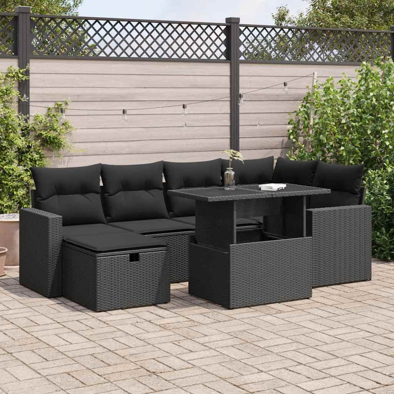 7 Piece Garden Sofa Set with Cushions Black Poly Rattan