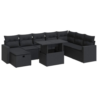 9 Piece Garden Sofa Set with Cushions Black Poly Rattan