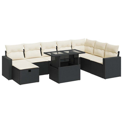 9 Piece Garden Sofa Set with Cushions Black Poly Rattan