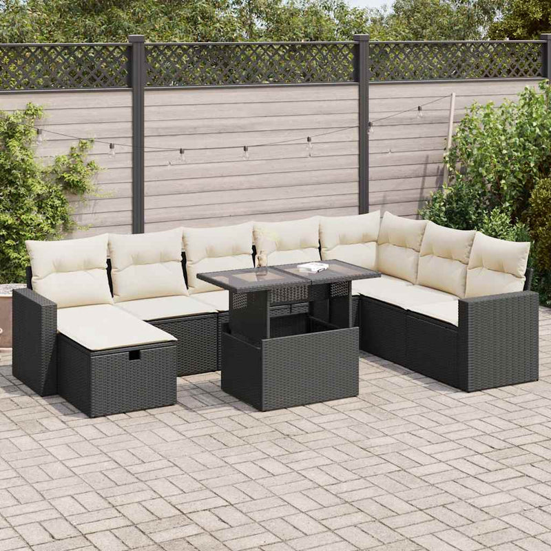 9 Piece Garden Sofa Set with Cushions Black Poly Rattan