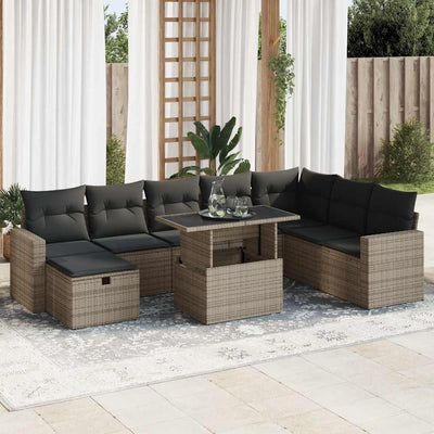 9 Piece Garden Sofa Set with Cushions Grey Poly Rattan