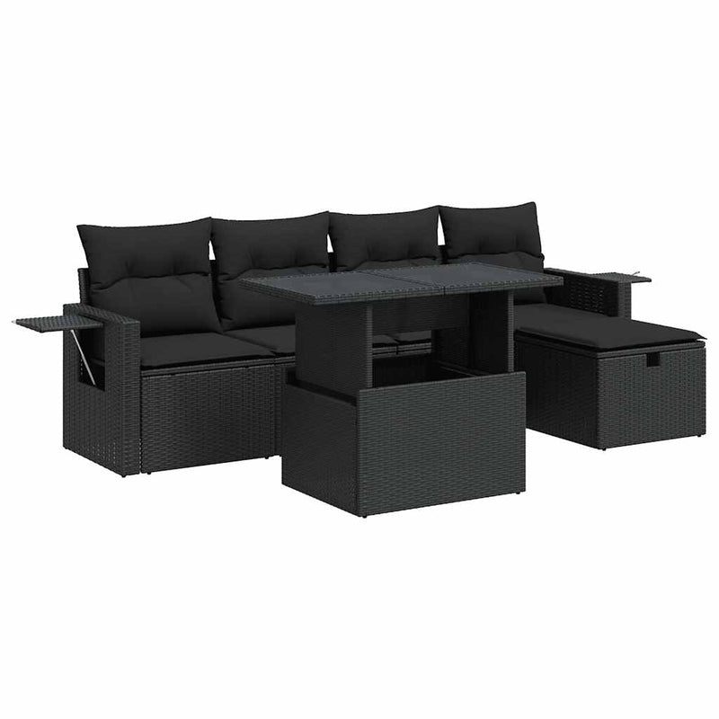 6 Piece Garden Sofa Set with Cushions Black Poly Rattan